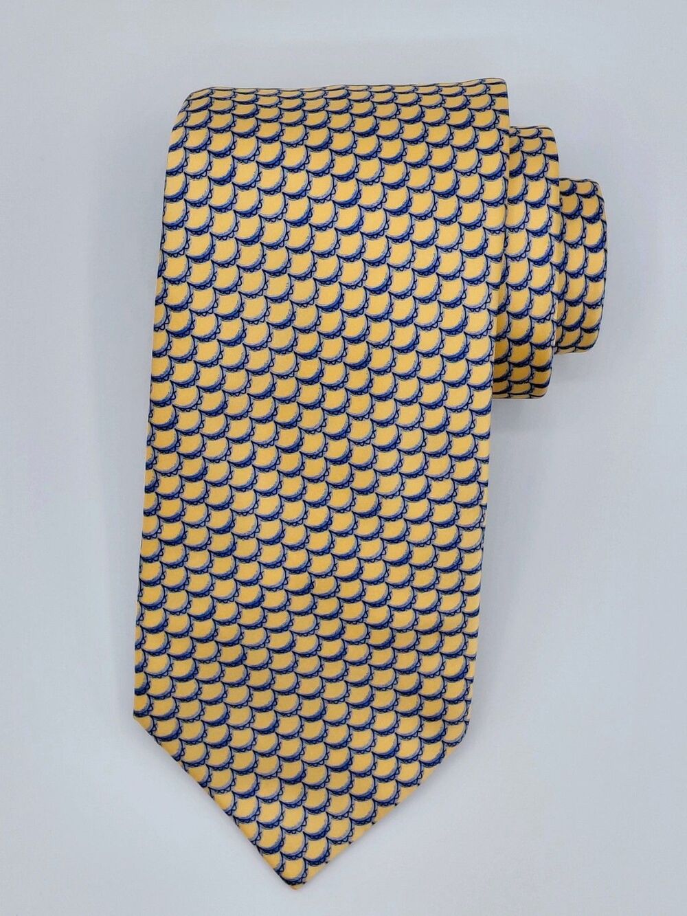 Brioni Handmade 100% Silk Men's Necktie ITALY Luxury Yellow/Blue Curve Print EUC